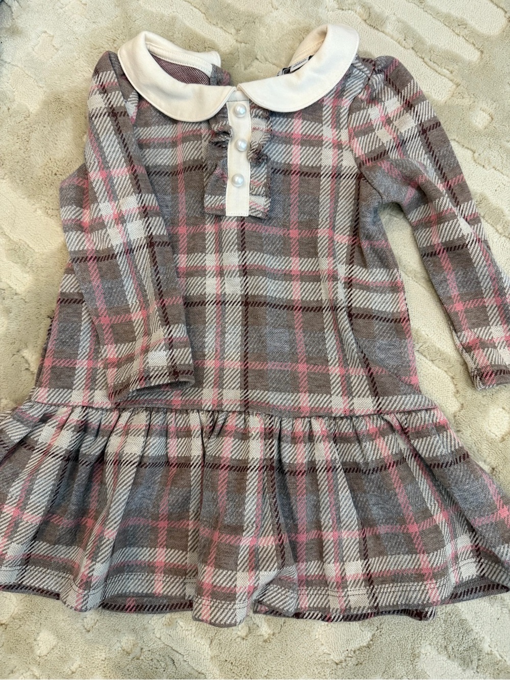 Janie and Jack Pink and Gray Plaid Long-Sleeve Dress with Peter Pan Collar